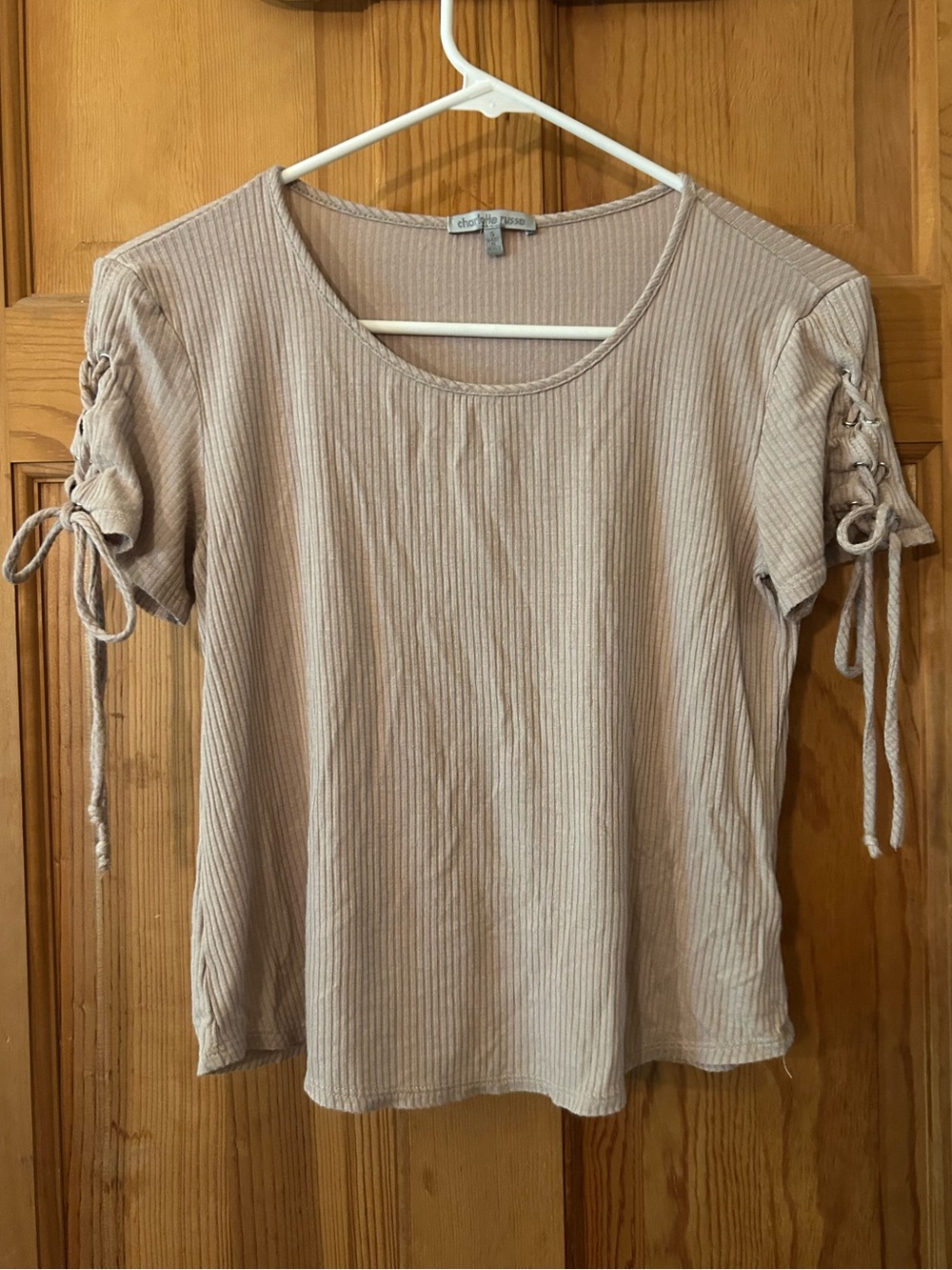 Charlotte Russe Ribbed Taupe Short Sleeve Top with Tie Sleeves